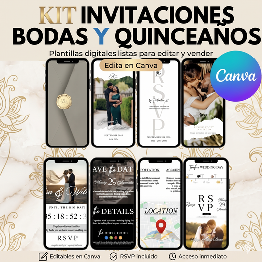 💍PACK INVITACIONES BODA Y QUINCEAÑOS: Kit + Curso plantillas 100% editables