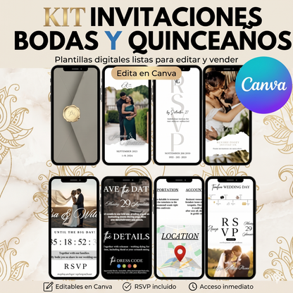 💍PACK INVITACIONES BODA Y QUINCEAÑOS: Kit + Curso plantillas 100% editables